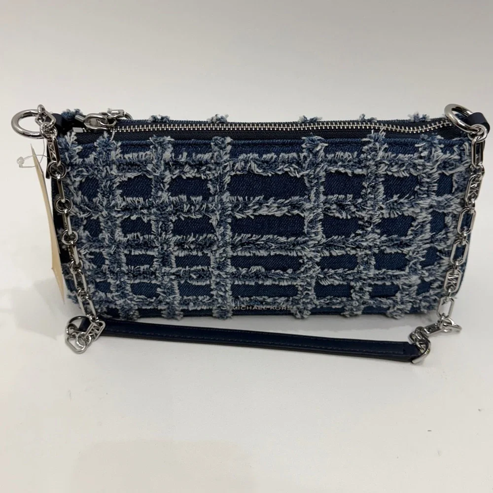Michael Kors Empire Medium Frayed Denim Chain-Link Pochette handbag. .NWT